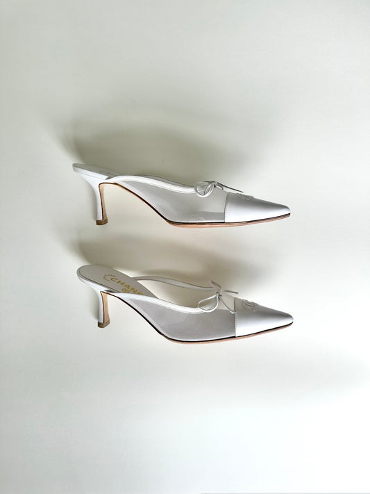 Chanel White Mesh Bow Mules 39