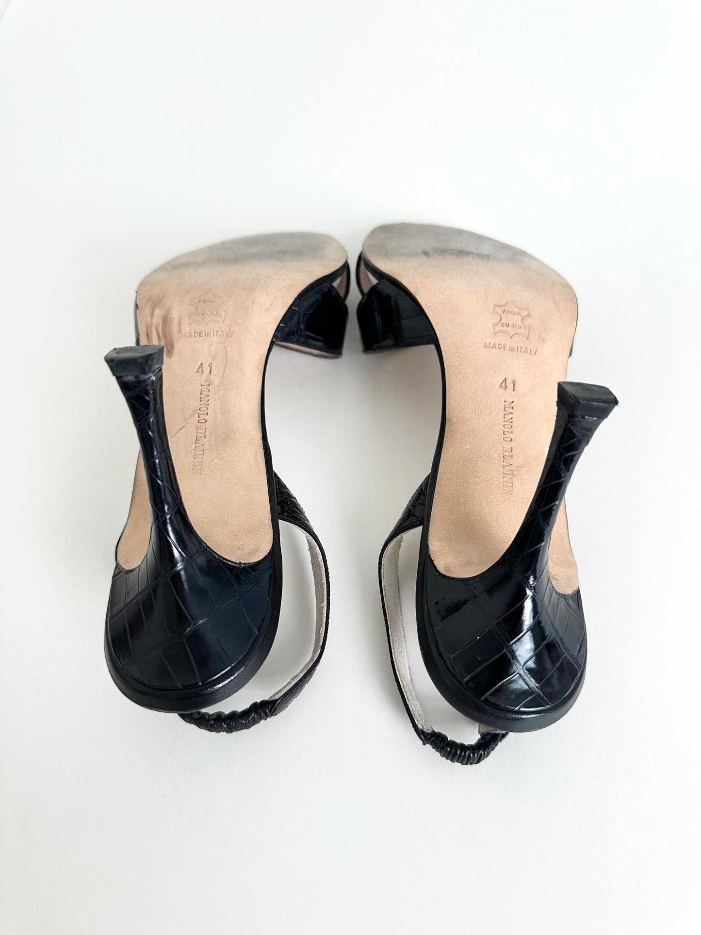 Manolo Blahnik Black Croc Slingback 41