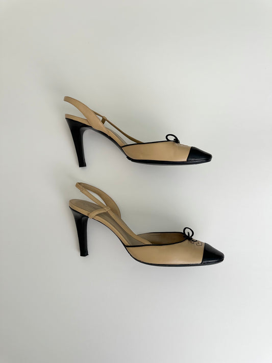 Chanel Tan/Black Round Toe Slingbacks 41