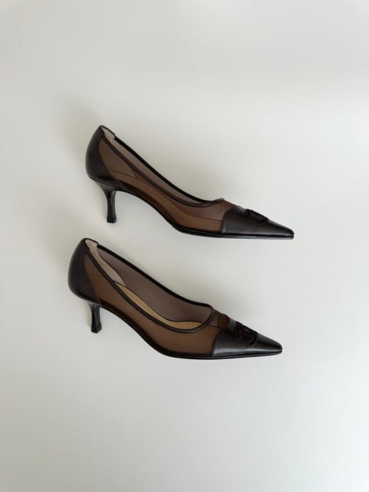 Chanel Brown Mesh Logo Pumps 36.5