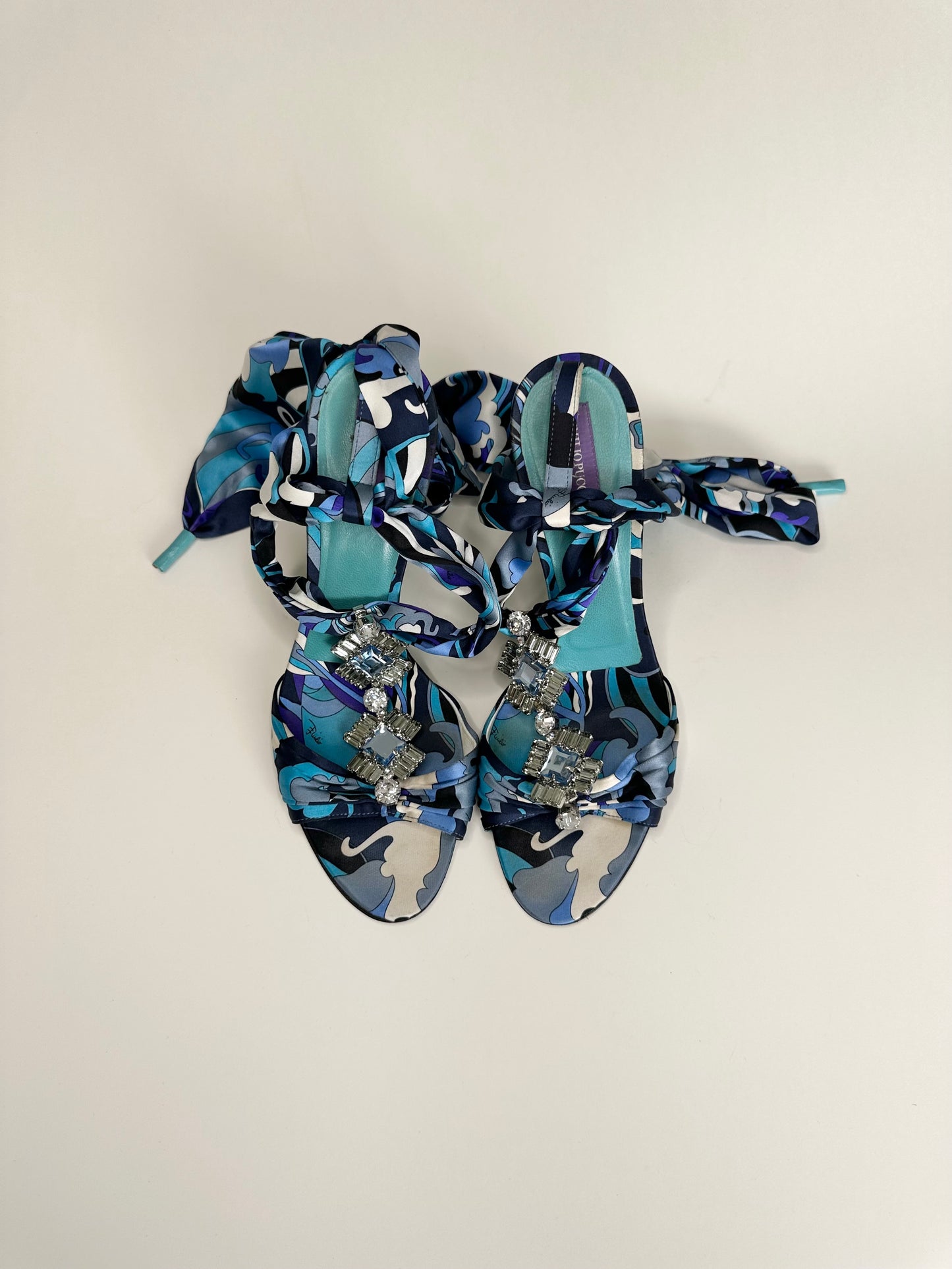 Pucci Jeweled Satin Ankle Wrap Sandals 38.5