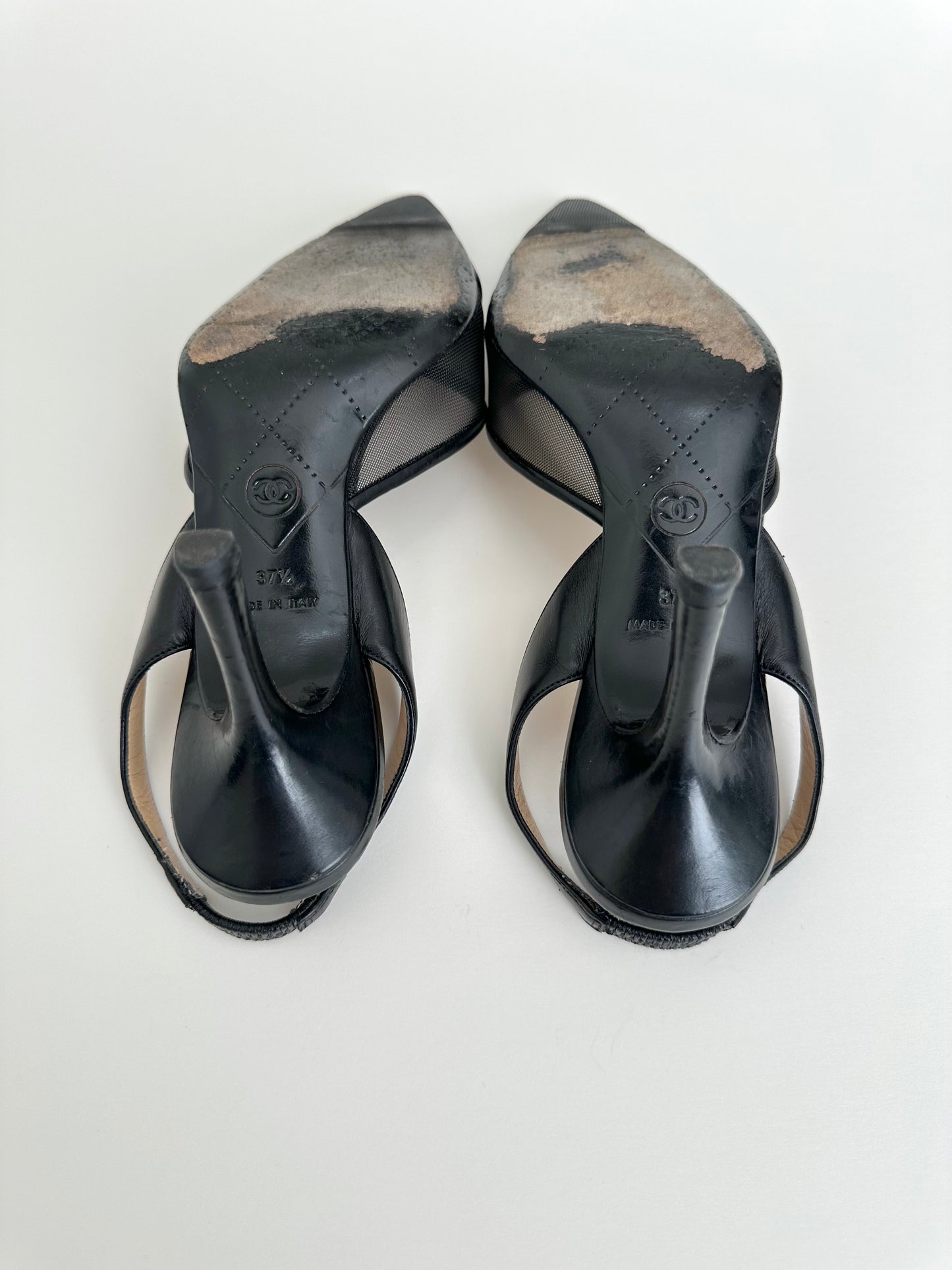 Chanel Black Mesh Logo Slingback 37.5