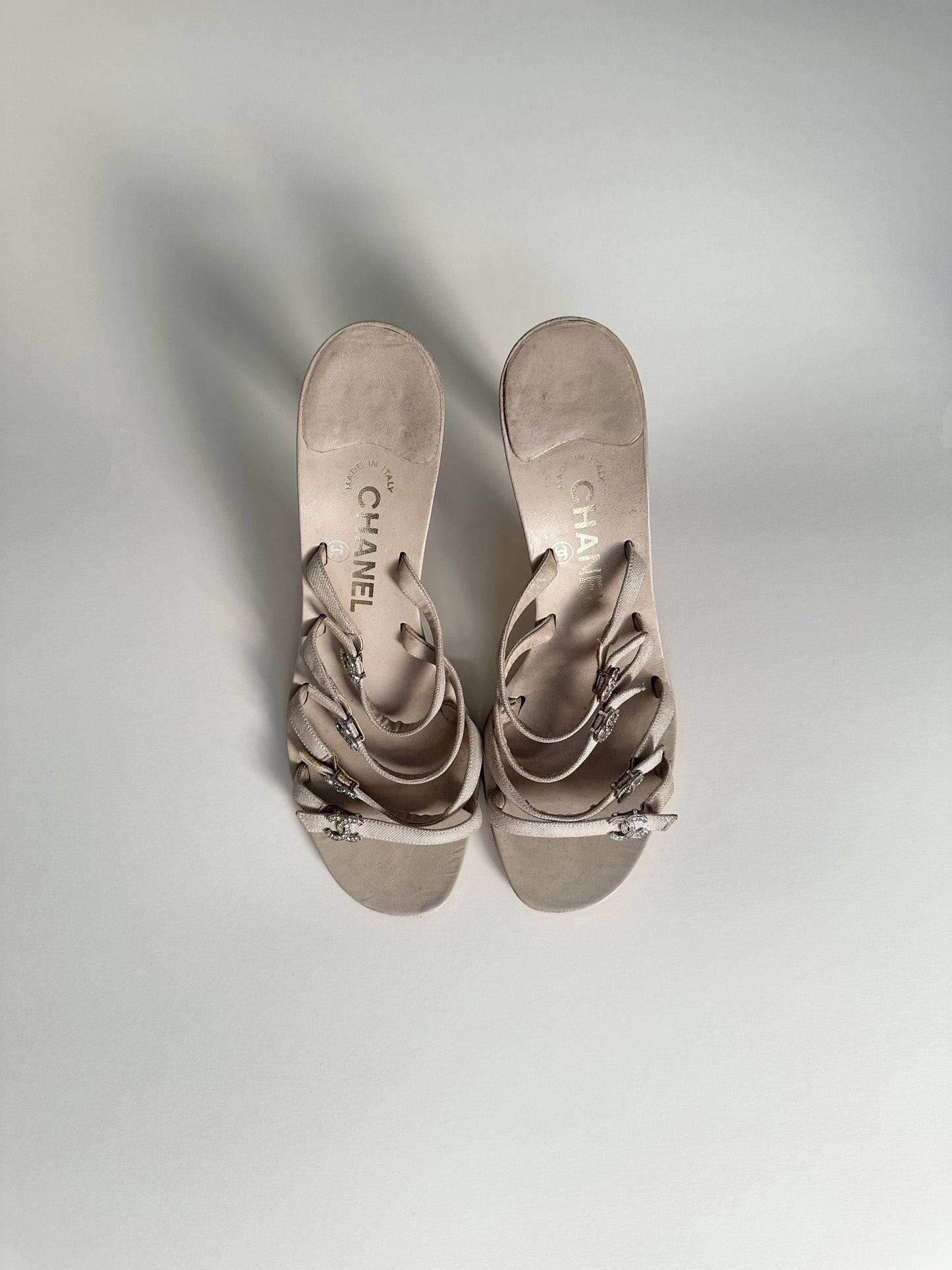 Chanel Beige Rhinestone Logo Sandals 38