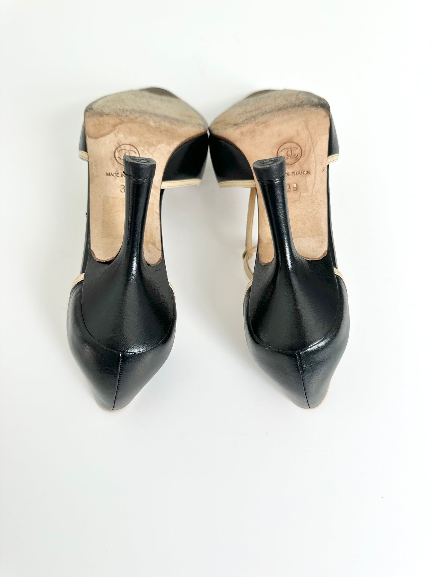 Chanel Black/Beige T-Strap Heels 39