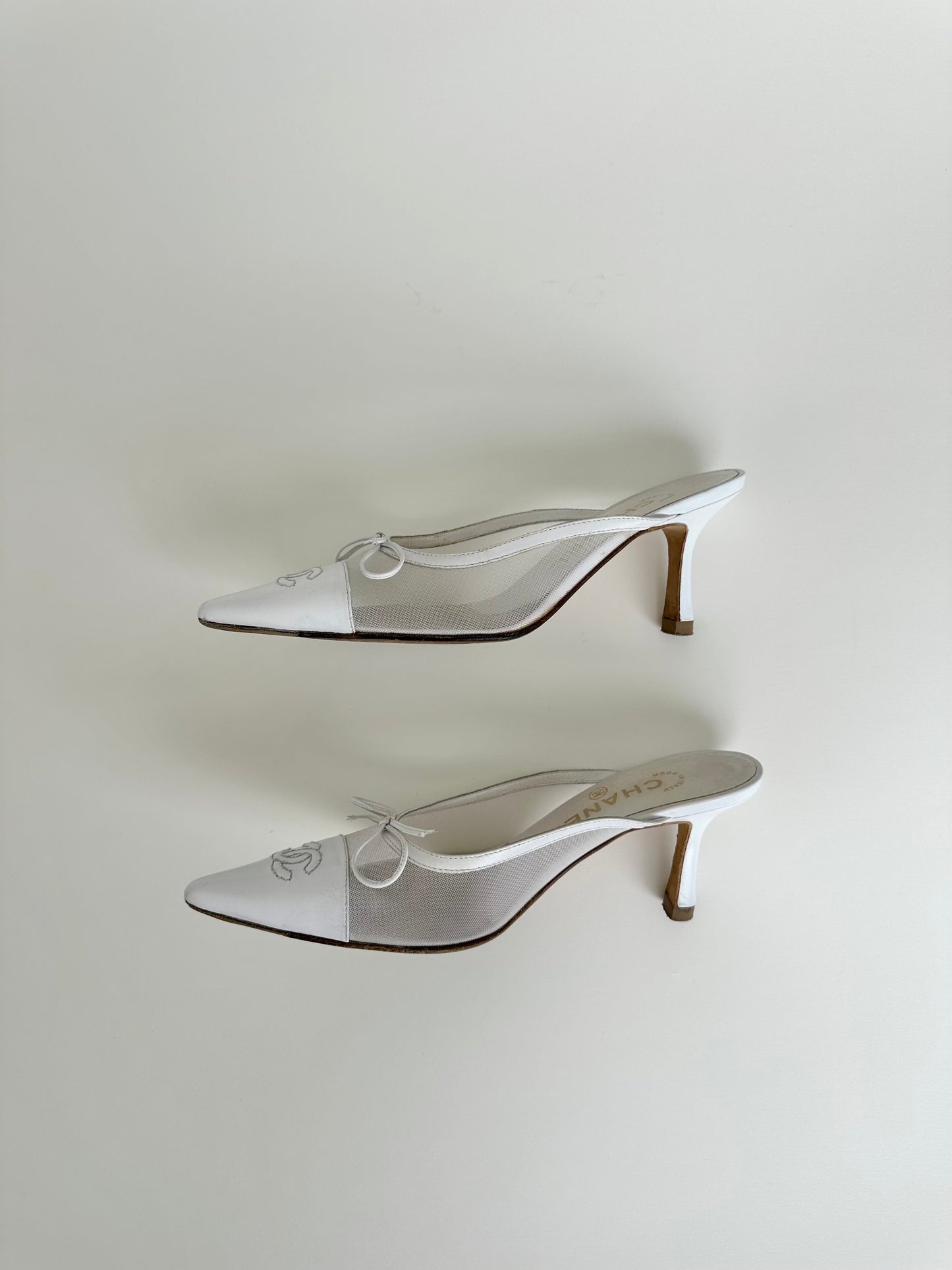 Chanel White Mesh Bow Mules 35