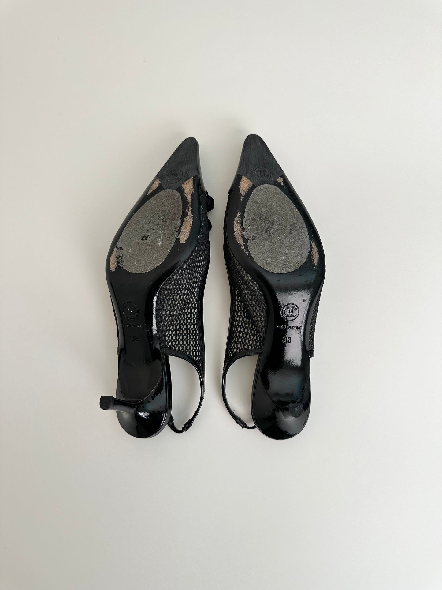 Chanel Black Mesh Clover Slingbacks 38