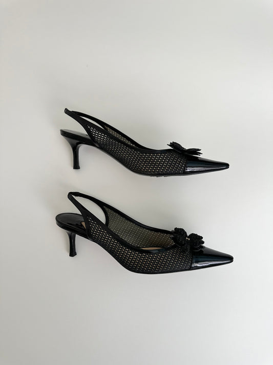 Chanel Black Mesh Clover Slingbacks 38