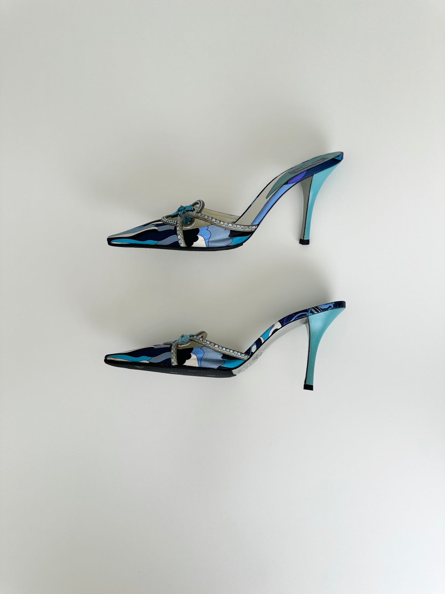 Pucci Blue Satin Beaded Mules 37.5