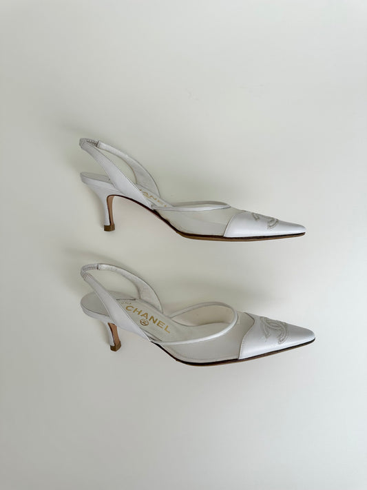 Chanel White Mesh Logo Slingback 35