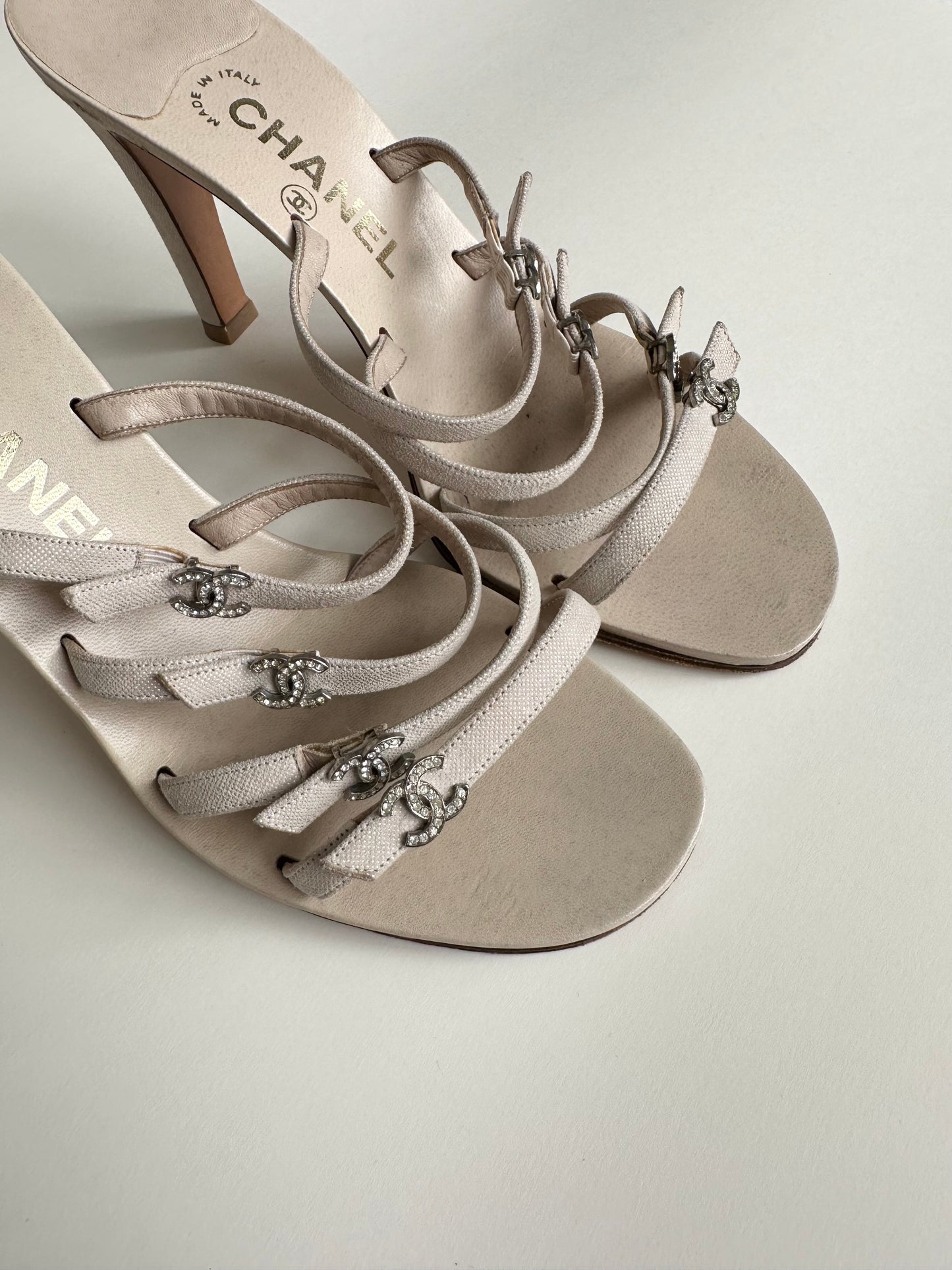 Chanel Beige Rhinestone Logo Sandals 38