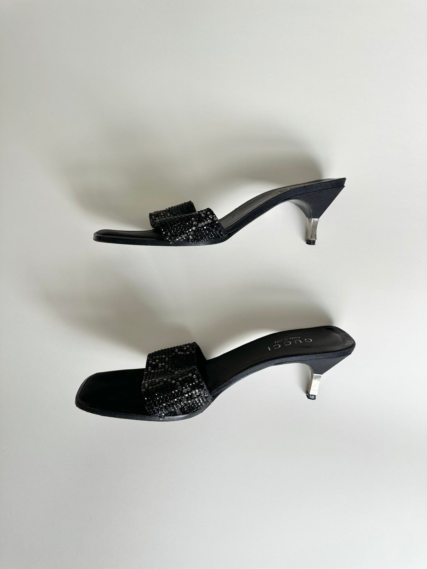 Gucci 1998 Black Crystal Monogram Sandals 37
