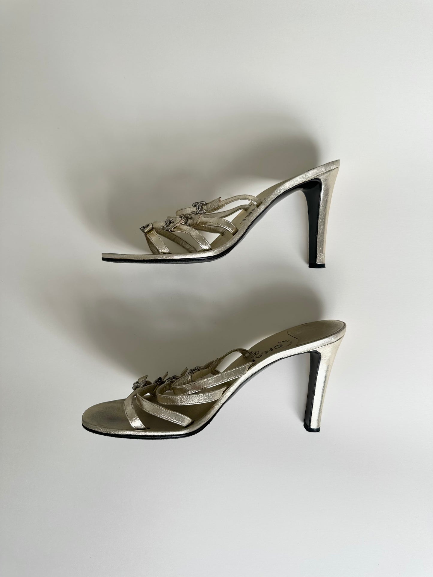 Chanel Gold Rhinestone Logo Sandals 40