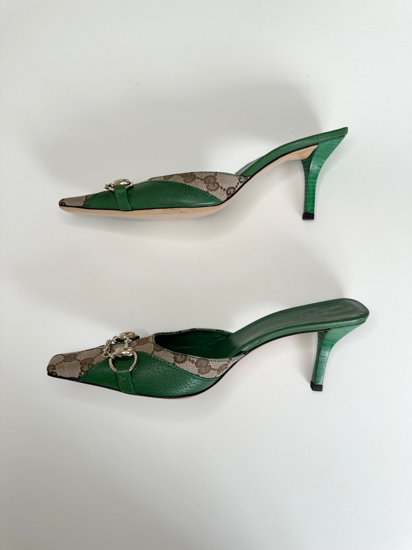 Gucci Green Monogram Horsebit Mules US 9.5