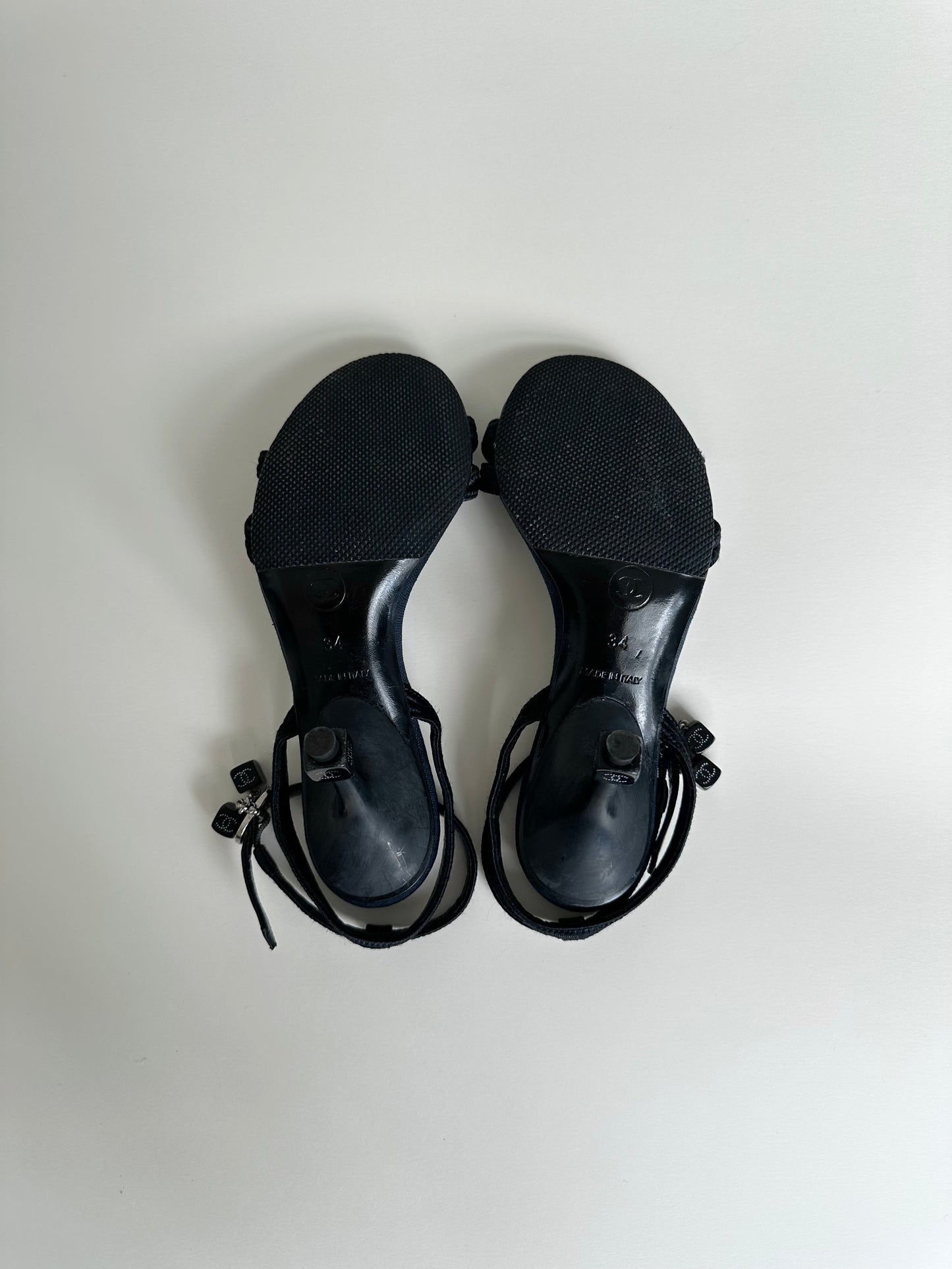 Chanel Denim Dice Ankle Strap Sandals 34