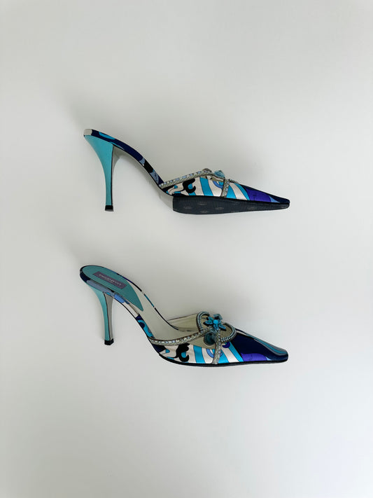 Pucci Blue Satin Beaded Mules 37.5