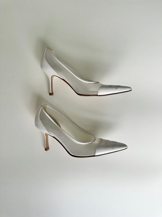 Chanel White Mesh Logo Pumps 36.5