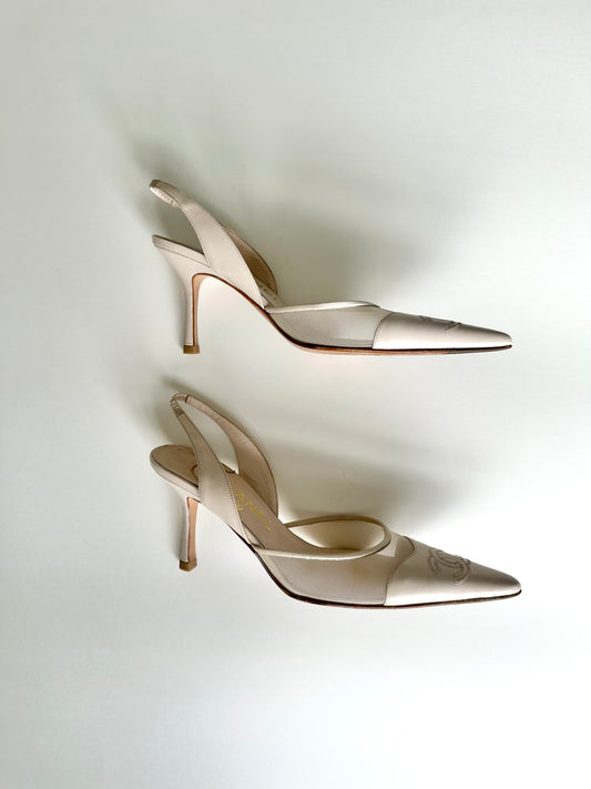 Chanel Ivory Mesh Logo Slingback 39