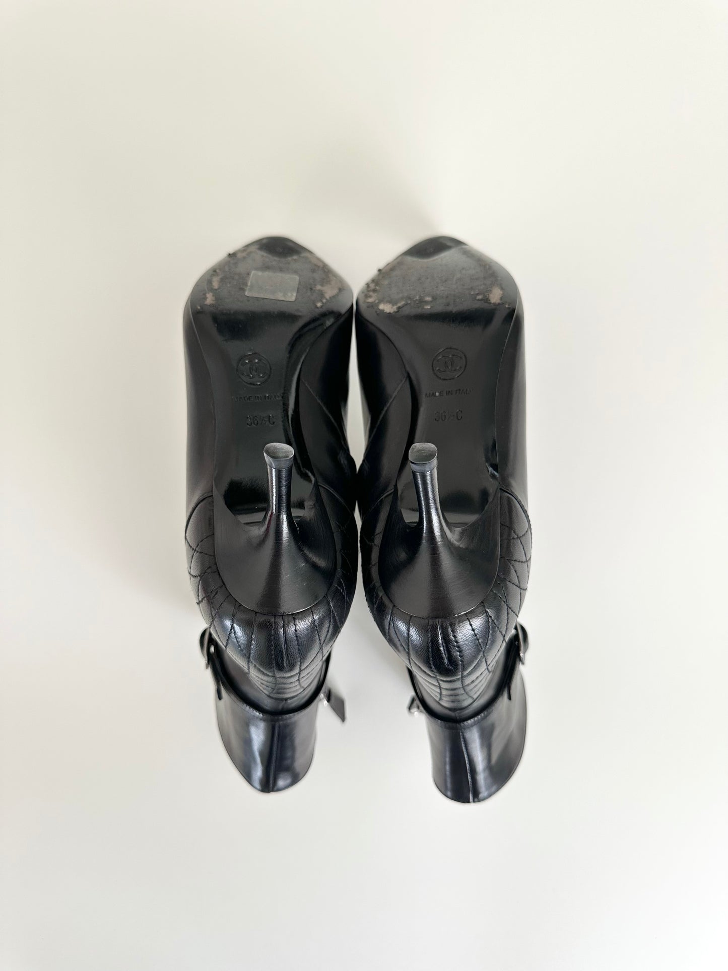 Chanel Black Quilted Logo Ankle Boots 36.5