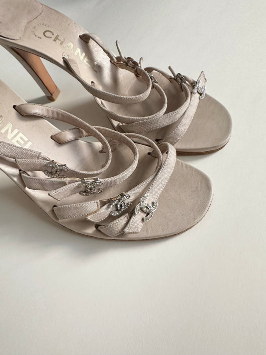 Chanel Beige Rhinestone Logo Sandals 38