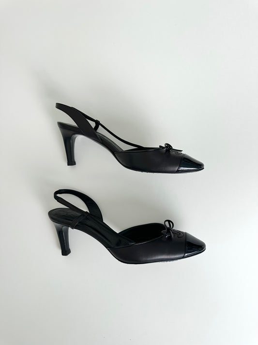 Chanel Black Leather Logo Slingbacks 38
