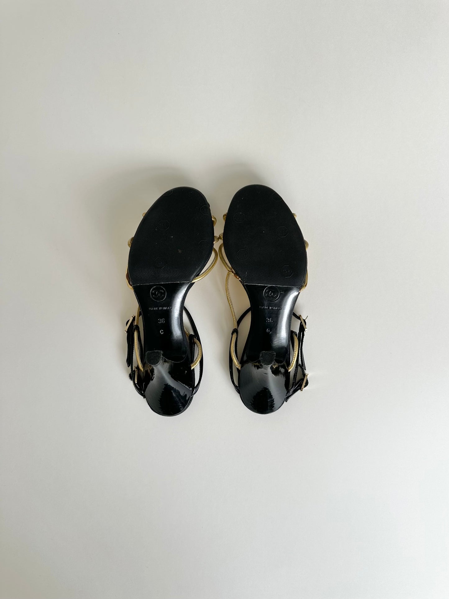 Chanel Black/Gold Caged Logo Heels 36