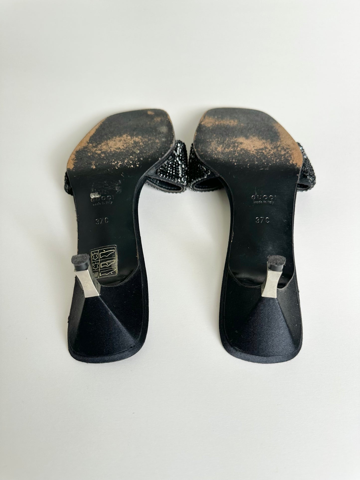 Gucci 1998 Black Crystal Monogram Sandals 37