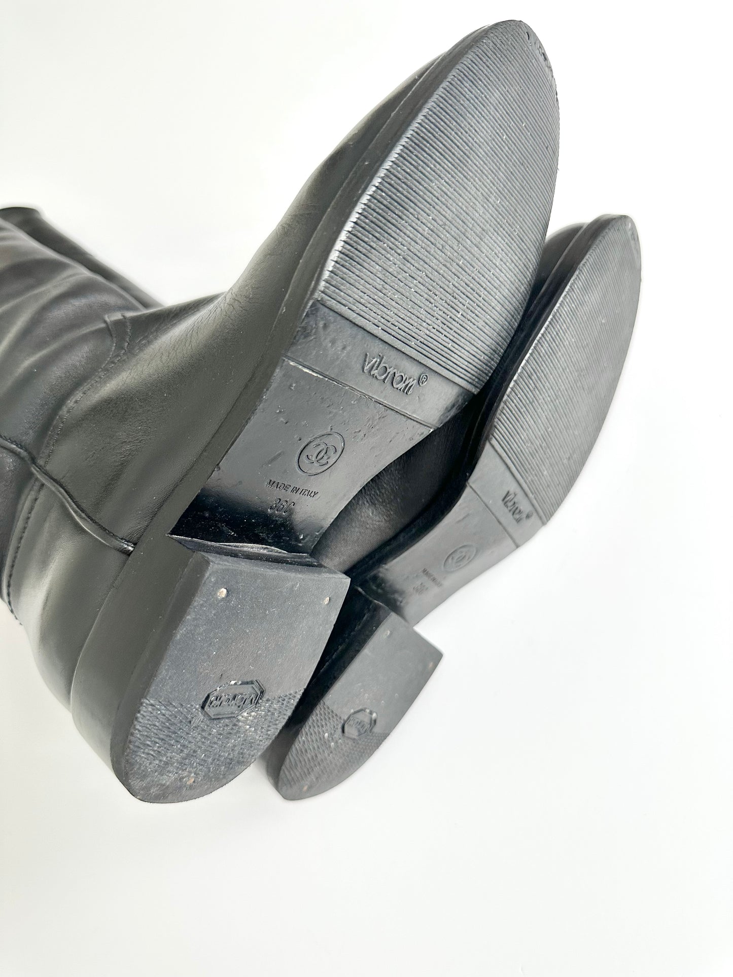 Chanel Black Leather Logo Riding Boots 36