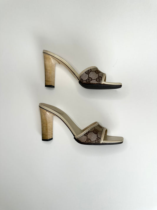 Gucci Cream Monogram Block Heels 36.5