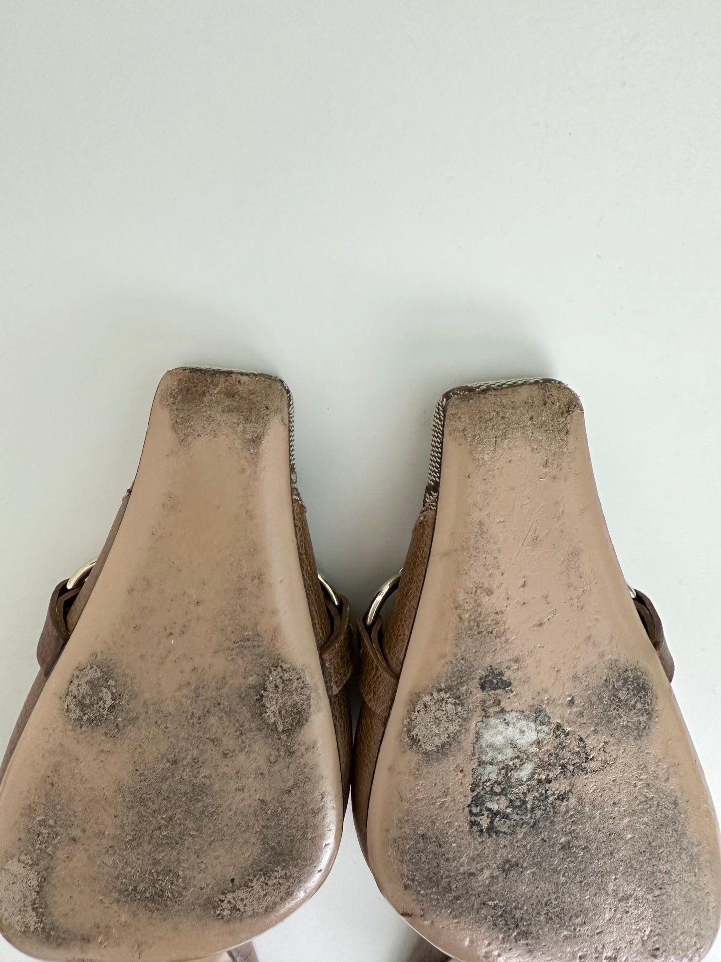 Gucci Tan Monogram Horsebit Mules 37.5