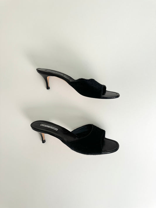 Manolo Blahnik Black Pony Hair Sandals 40.5
