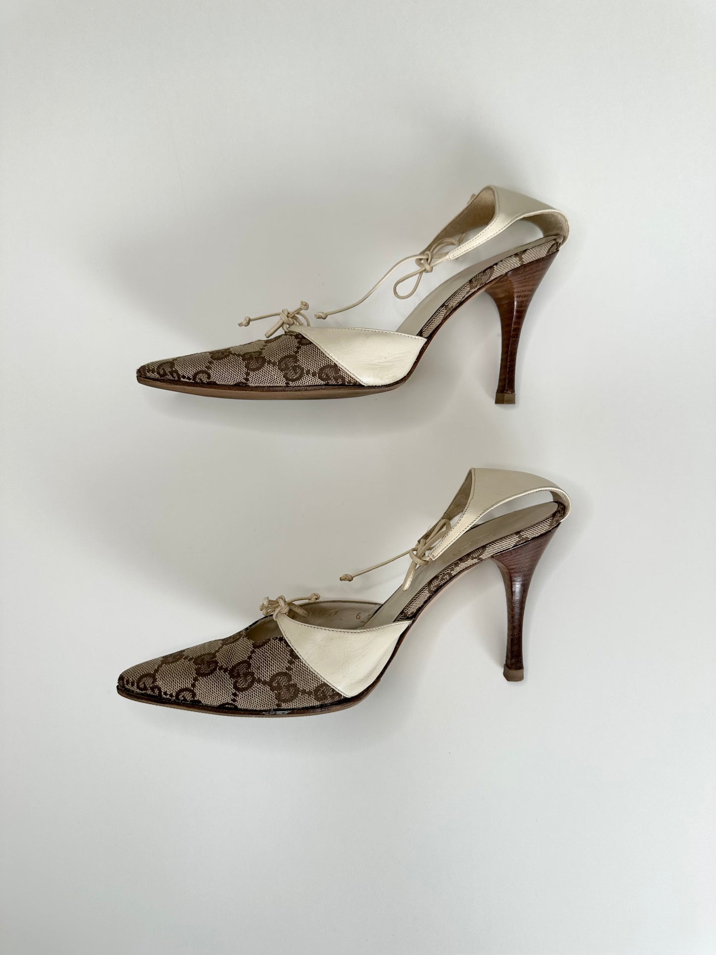 Gucci Monogram White Ankle Tie Heels US 6