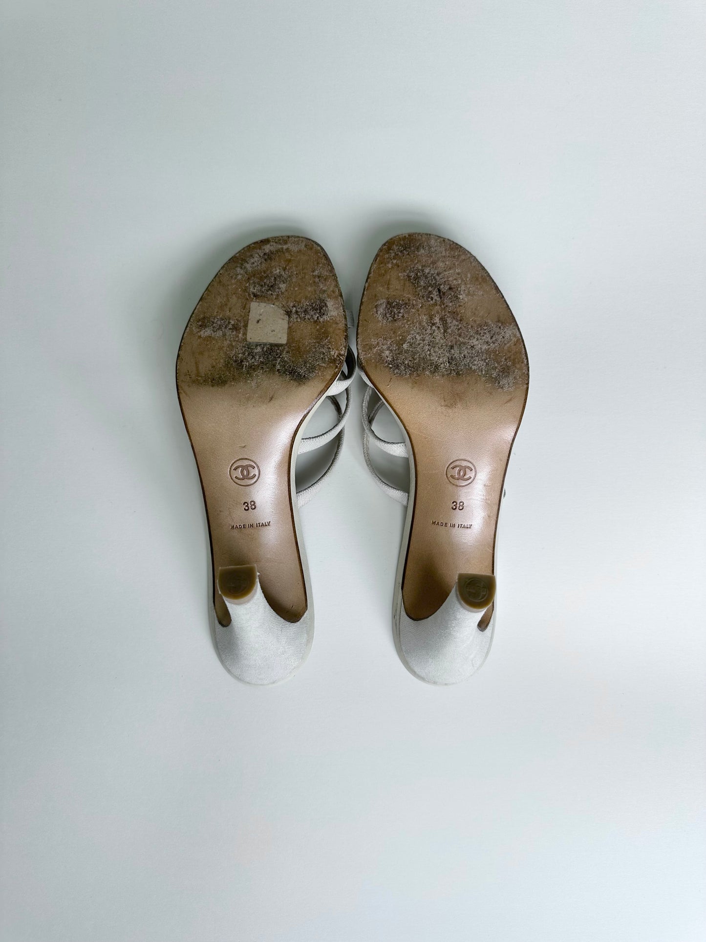 Chanel Beige Rhinestone Logo Sandals 38