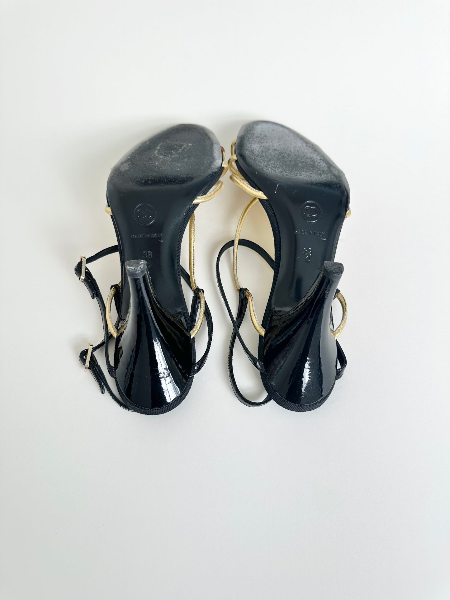 Chanel Black/Gold Caged Logo Heels 38
