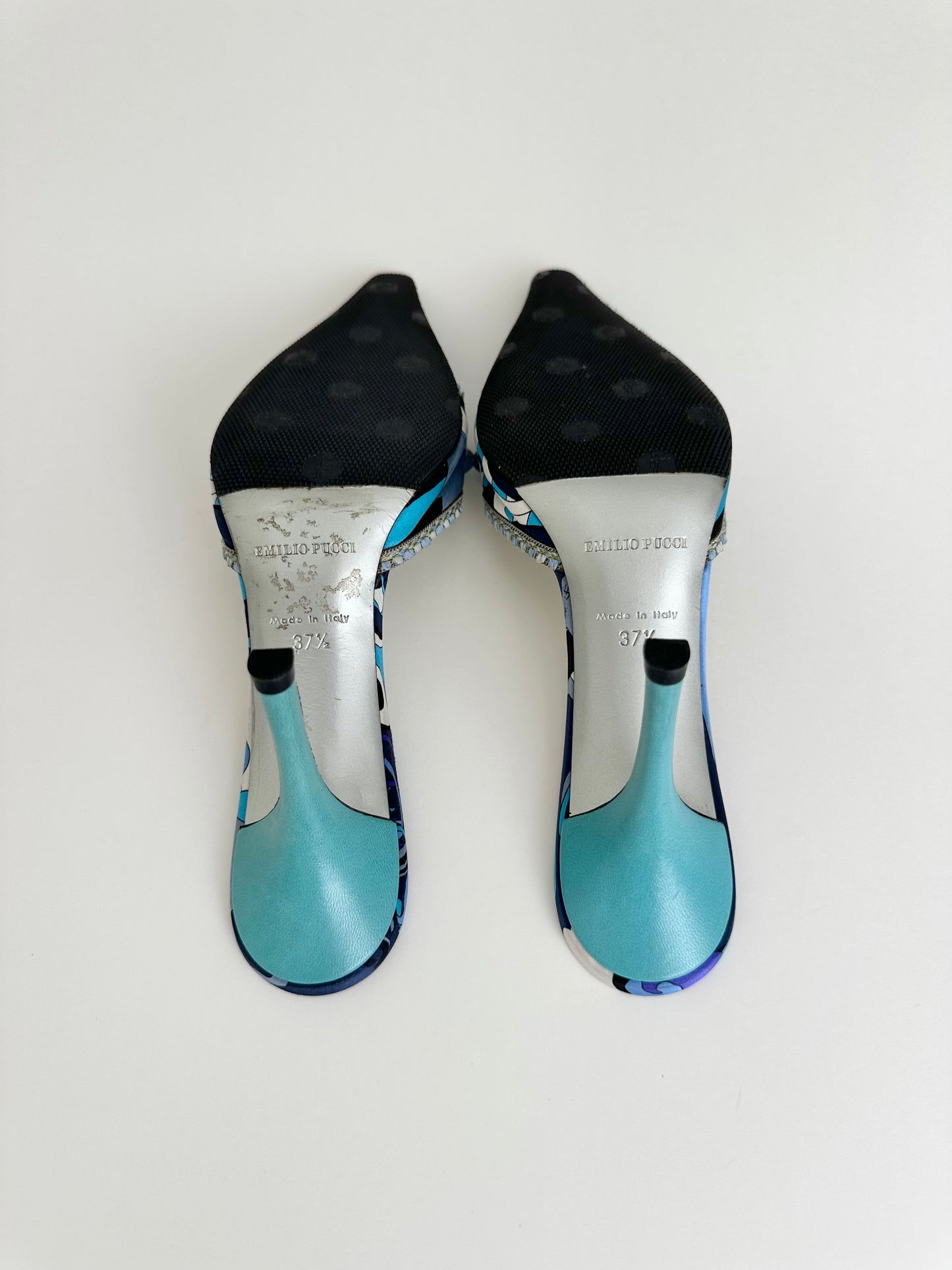 Pucci Blue Satin Beaded Mules 37.5