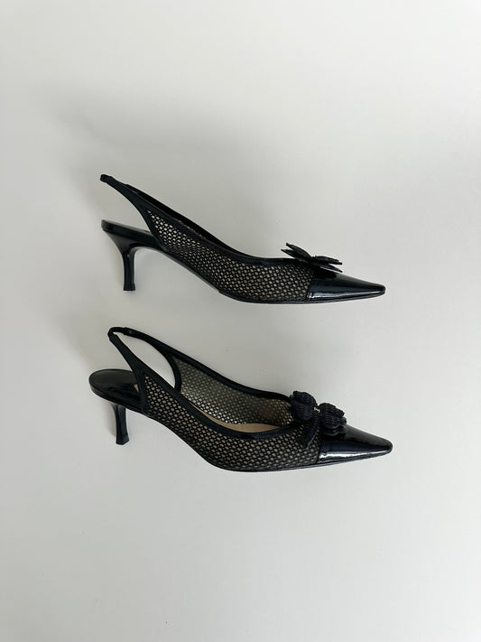 Chanel Black Mesh Clover Slingbacks 36
