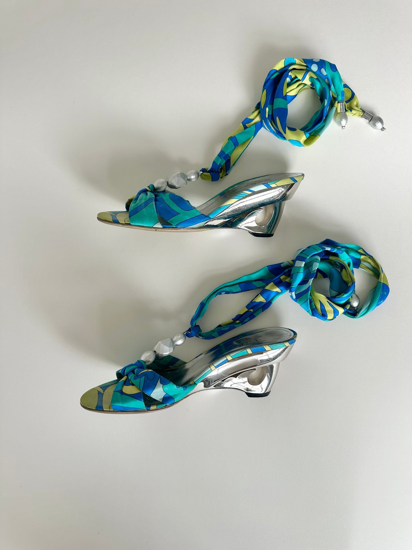 Pucci Multicolor Satin Beaded Ankle Wrap Wedge 38