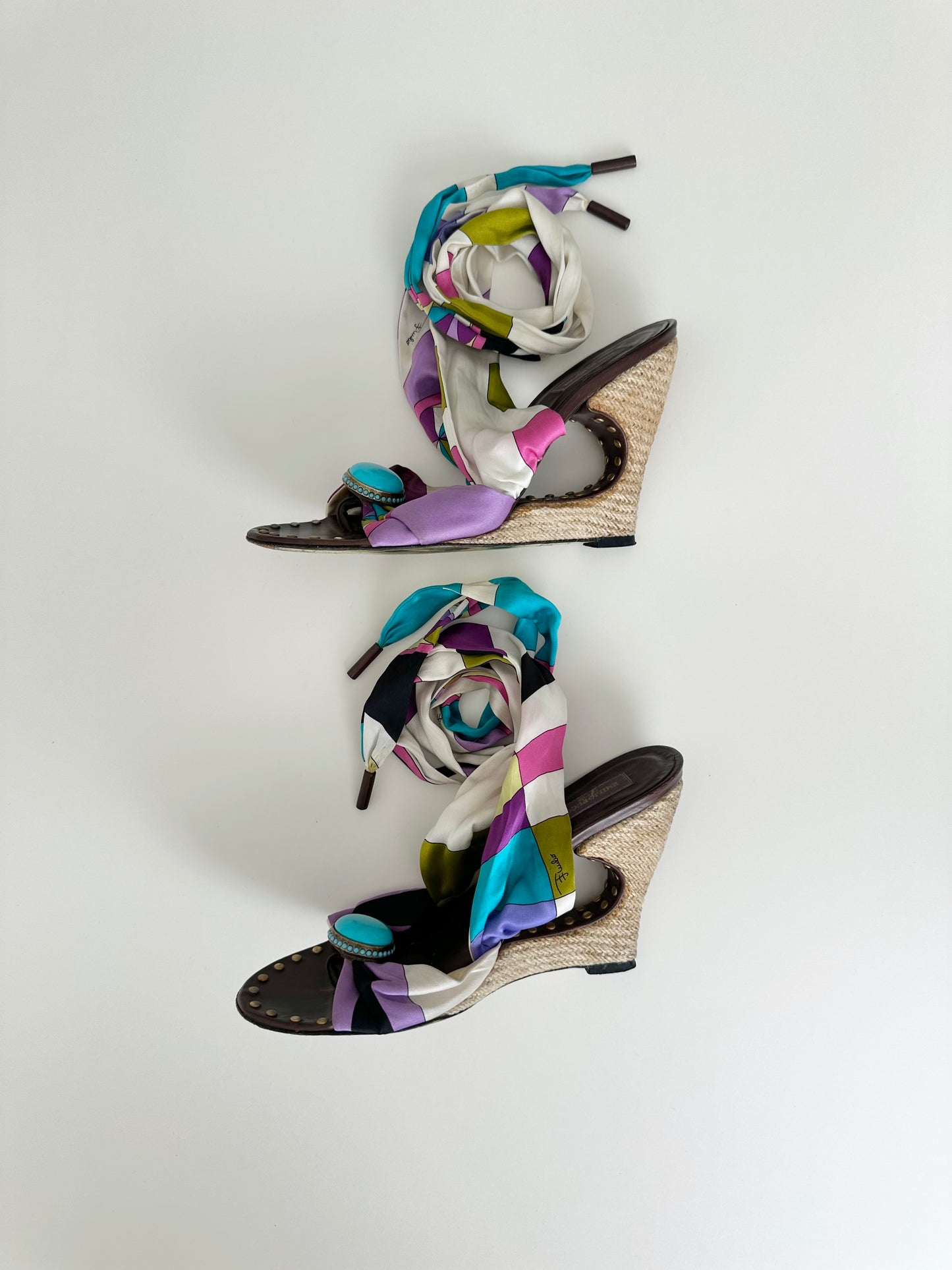 Pucci Multicolor Satin Ankle Wrap Wedge 38