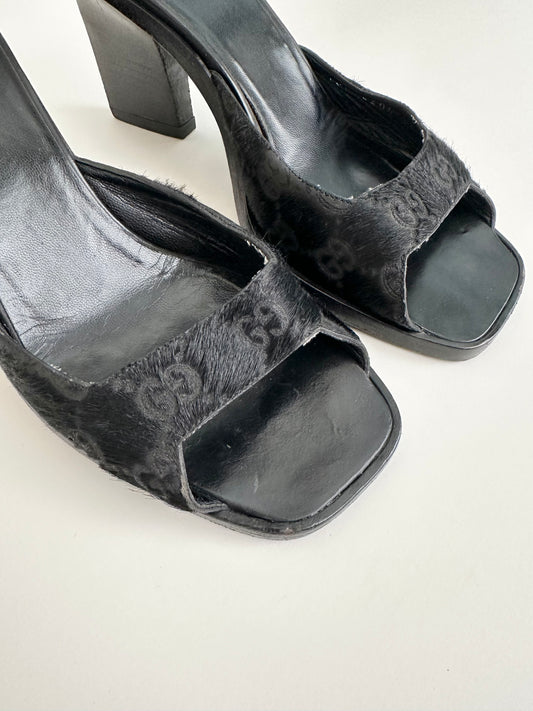 Gucci Black Monogram Ponyhair Sandals 36.5