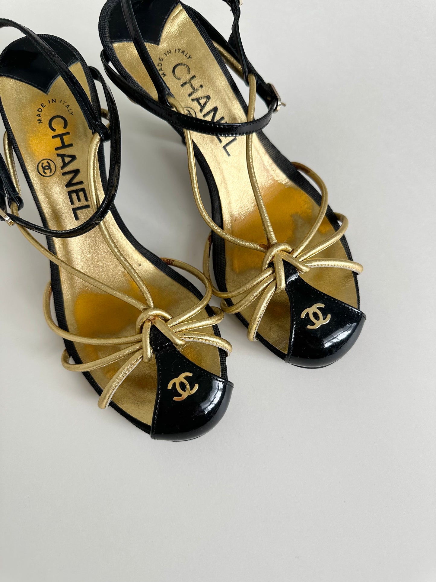 Chanel Black/Gold Caged Logo Heels 36