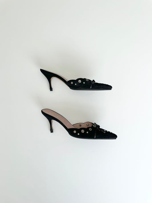 Prada Black Suede Grommet Mules 36