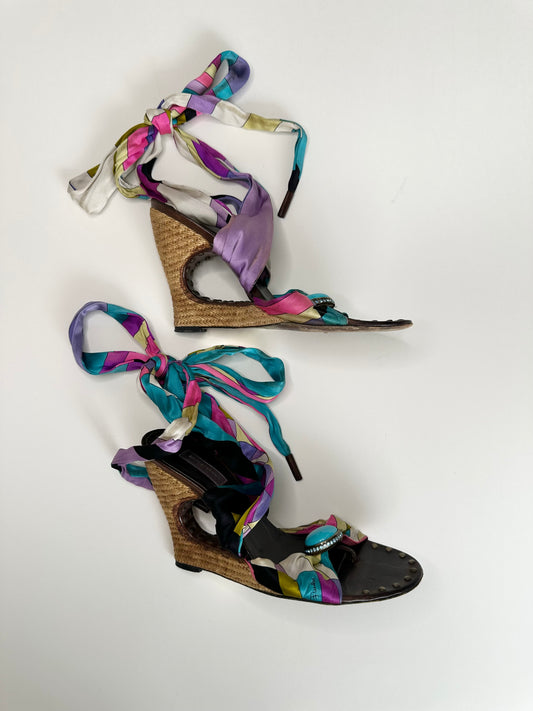 Pucci Satin Ankle Wrap Wedges 38