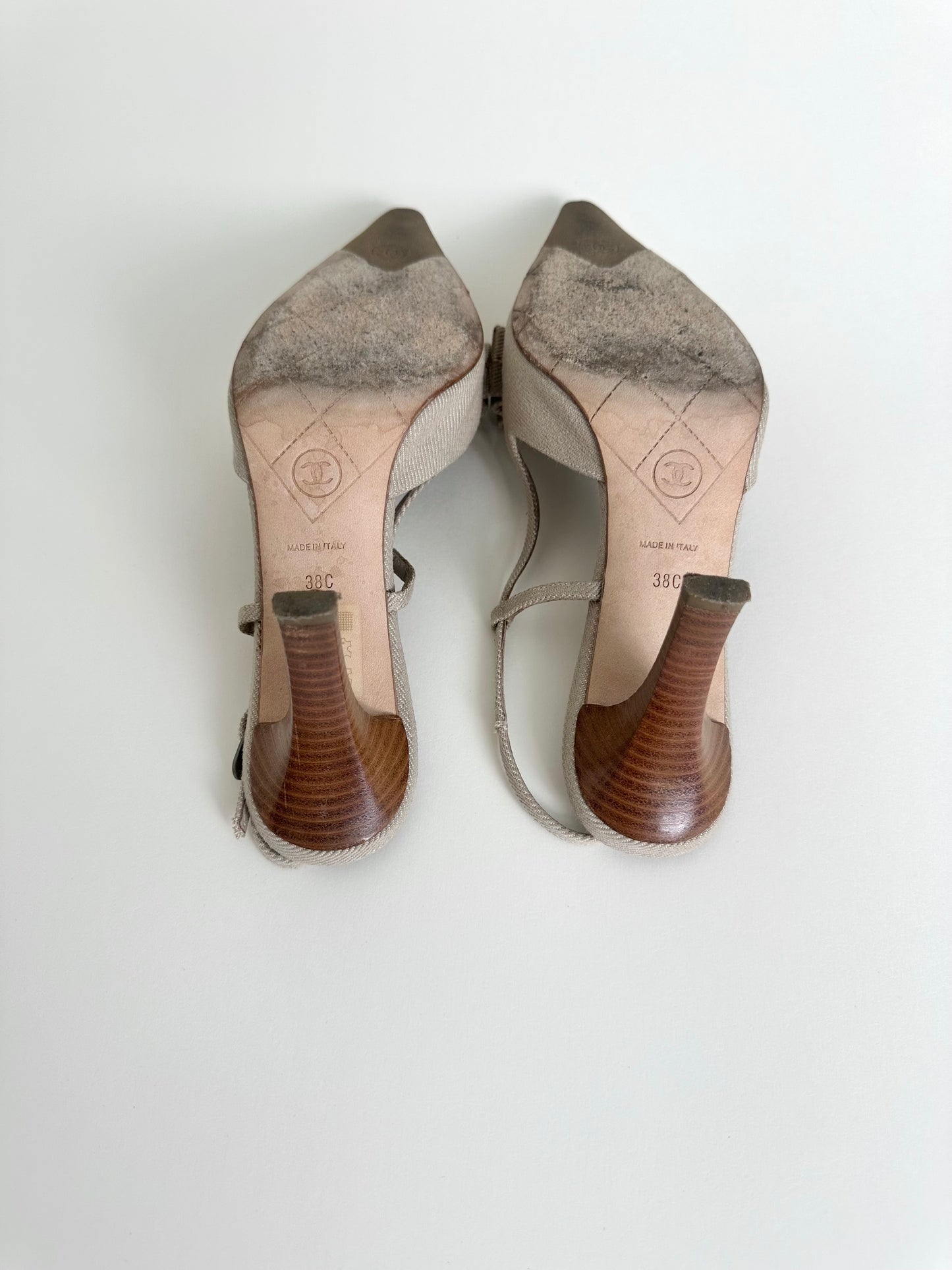 Chanel Beige Linen Bow Slingbacks 38