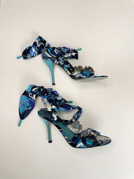 Pucci Jeweled Satin Ankle Wrap Sandals 38.5