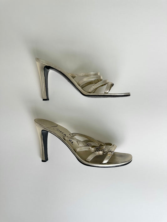 Chanel Gold Rhinestone Logo Sandals 40
