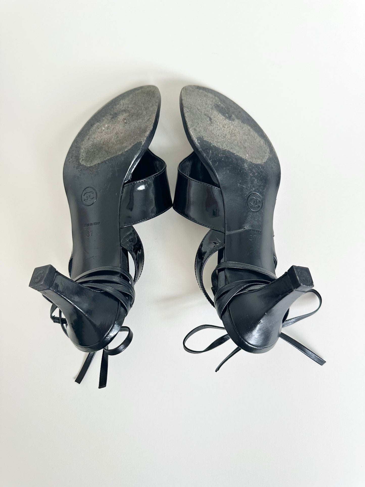 Chanel Black Turnlock Tie Up Sandals 37
