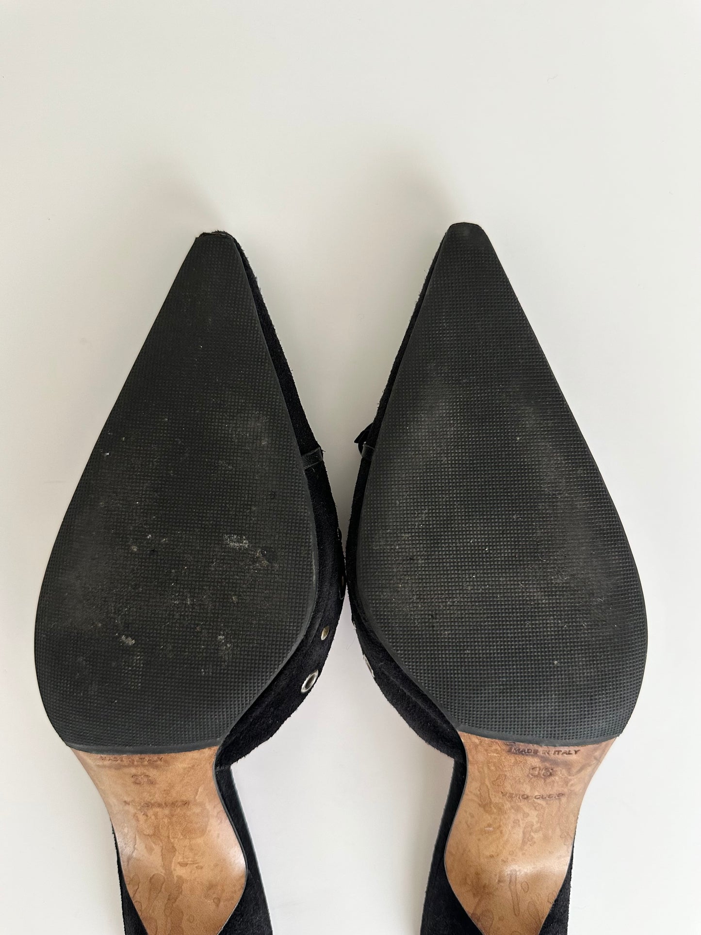 Prada Black Suede Grommet Mules 36
