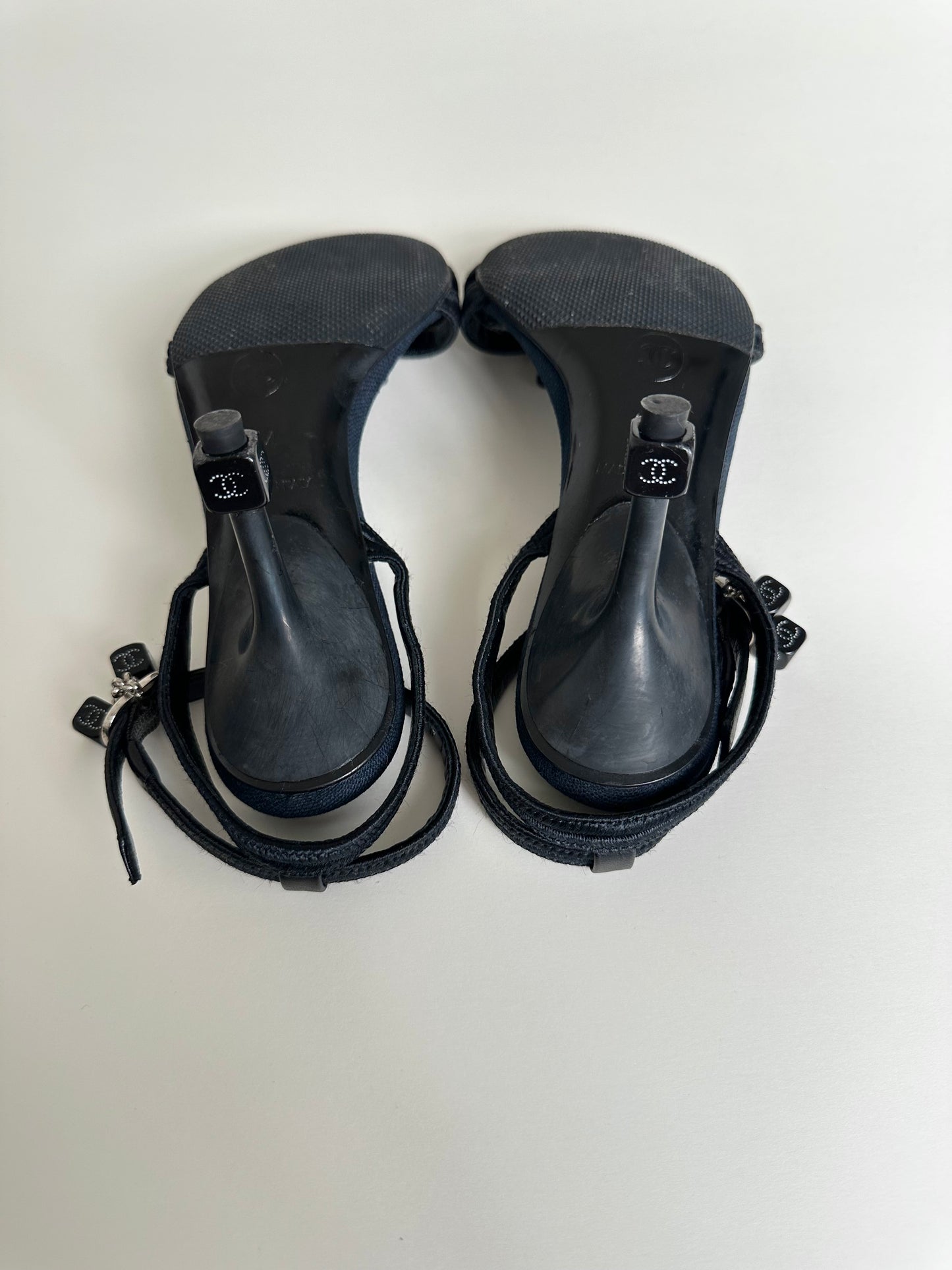 Chanel Denim Dice Ankle Strap Sandals 34