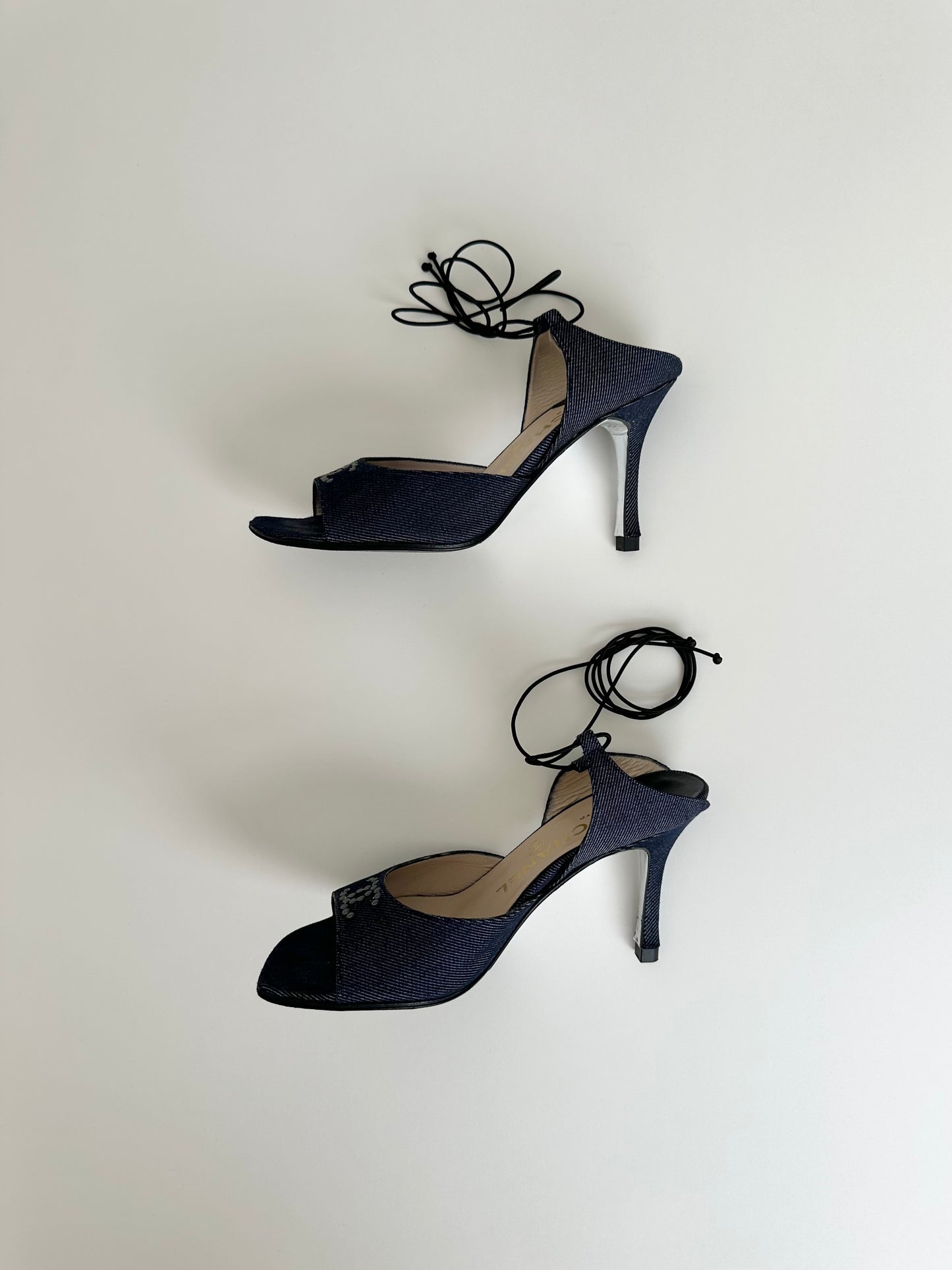 Chanel Denim Ankle Tie Sandals 37