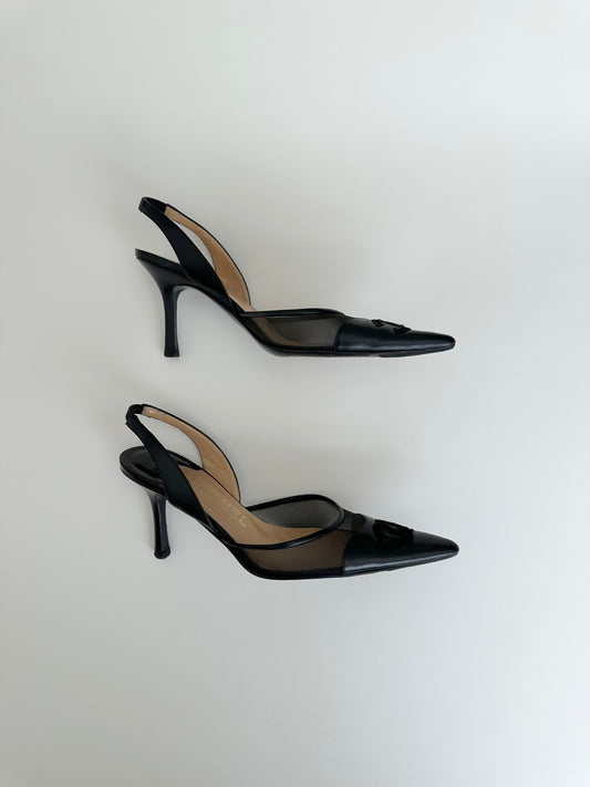 Chanel Black Mesh Logo Slingback 37.5