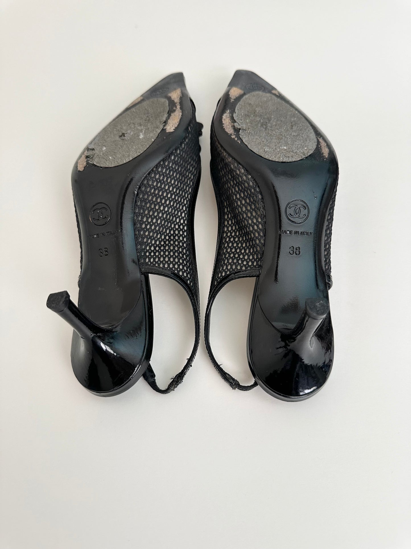 Chanel Black Mesh Clover Slingbacks 38